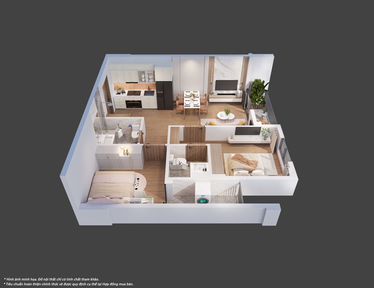 Phối cảnh 3D căn góc 2 phòng ngủ