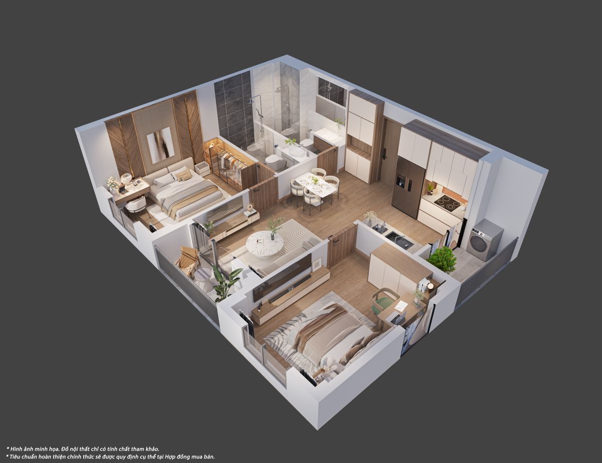 Phối cảnh 3D căn 2 phòng ngủ