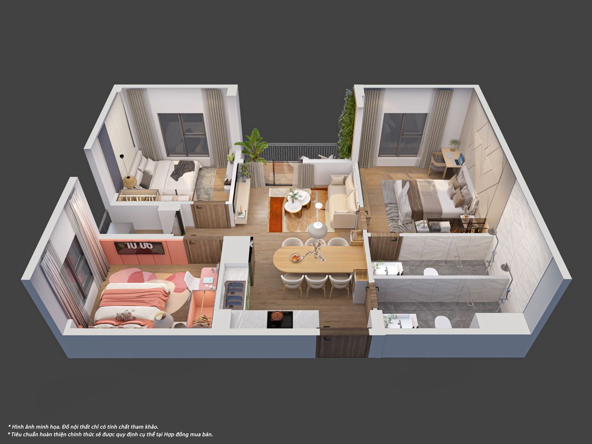 Phối cảnh 3D căn 3 phòng ngủ